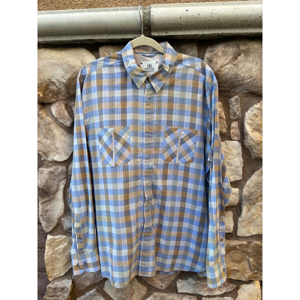 Bugatchi Plaid Button Down Men's Shirt Size XL Blue Beige Dress Shirt Cotton